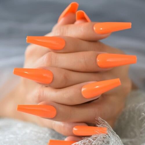 Orange Extra Long Full Cover Artificial Fingernails Artificial False Ballerina Nail Tips For Party