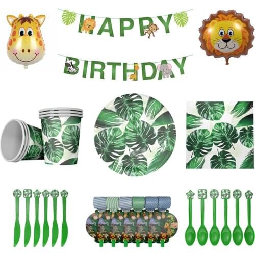 Birthday Party Decoration Supplies Disposable Tableware Set Paper Plate Cup Napkin Spoon Fork Tropical Theme Decoration Balloon