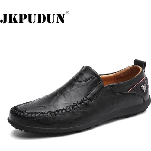 JKPUDUN Handmade Genuine Leather Men Casual Shoes Luxury Brand 2018 Mens Loafers Moccasins Breathable Slip On Black Formal Shoes