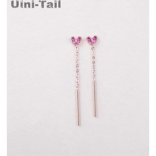 Uini-Tail hot new 925 sterling silver fashion pink heart long earrings Korean version of the personality temperament face thin