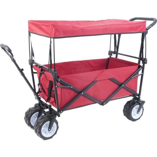 Outdoor Beach Trailer with Widen 10cm Rubber Wheel, Foldable Kids Wagon, Portable Twins Cart with Roof, Outdoor Beach Carriage