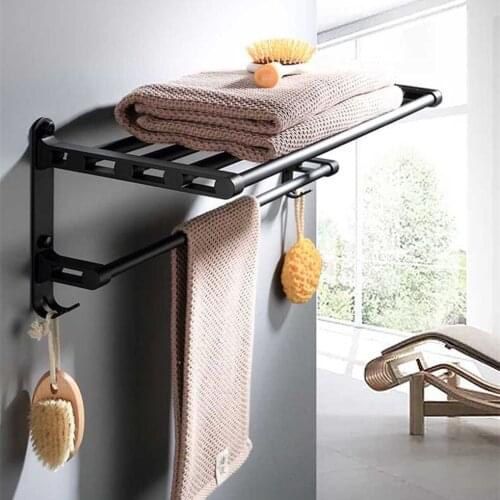 Bathroom Towel Rack with Hooks Black Space Aluminum Wall Mounted Bath Towel Cloth Shelf Two Layer Storage Hanger