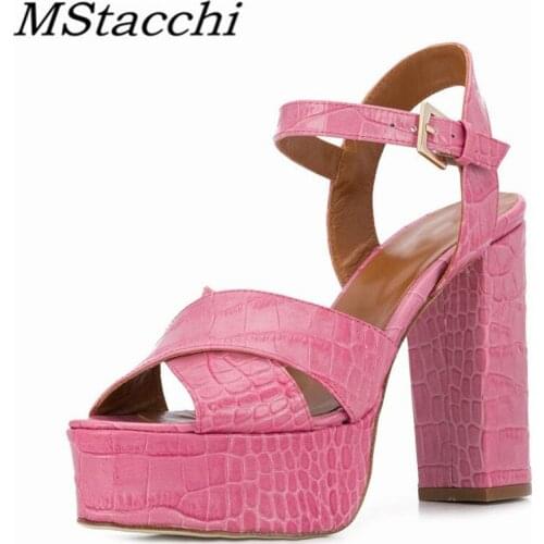 MStacchi Woman Crude Heel Shoes Thick Bottom Buckle Crocodile Print High Heel Shoes High Quality Sandalias De Verano Para Mujer