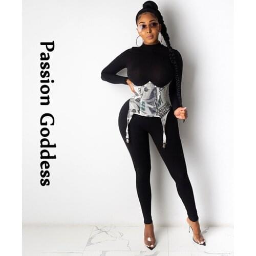 Women 2 Piece Dollar Money Print Corset Jumpsuit Sets Fitness Joggers Outfits Zipper Corset Tops Collect Slim Jumpsuit Two Piece