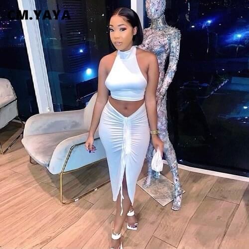 CM.YAYA Women Set Solid Sleeveless Strapless Crop Tops Shirring Splited Midi Skirts Two Piece Sets Sexy Fashion Outfits Summer