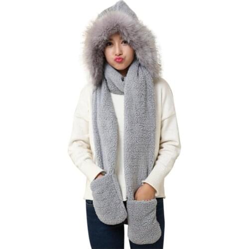 Winter Women Novelty Caps Warm Cute Bear Ear Hat Thick Wool collar Hat Ear Protectors Solid Fleece Warm Plush Hat Scarf Gloves