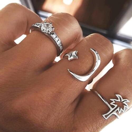 3 Pcs/Set Bohemian Female Rings Star Moon Coconut Crystal Open Silver Color Ring Set Simple Wedding Party Jewelry Gift s
