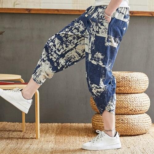 Summer mens cotton and linen casual loose trend sports Harlan seven points pants large size sports pants hip hop casual pants