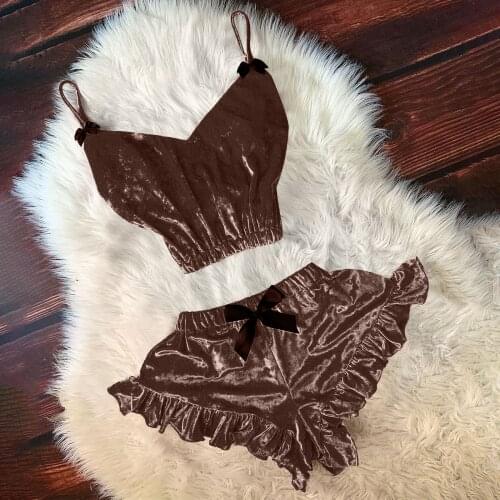 Women Cute Cami Top And Shorts Pyjama Satin V-neck Velvet Soild Nightwear Sexy Stain Camisole Pajamas Bowknot Shorts Female Set