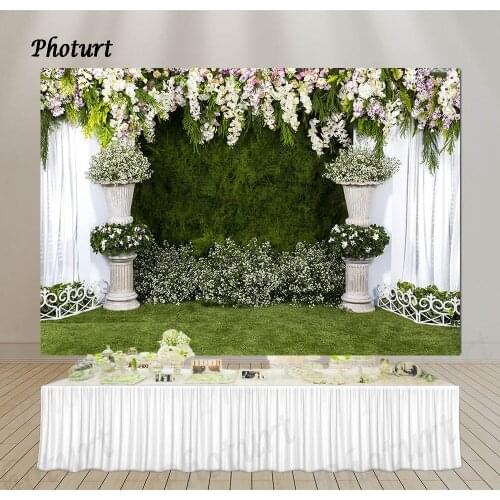 PHOTURT Flower Wall Backdrop Wedding Birthday Party Background Green Grass Vinyl Polyester Photography Banner Decorate Props