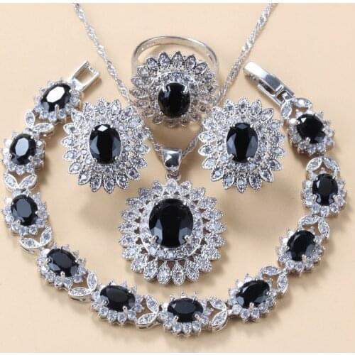 925 Silver Fashion Jewelry Sets Womens Sccessories Black Cubic Zirconia Sunflower Clip Earrings Necklace Bracelet And Ring Sets