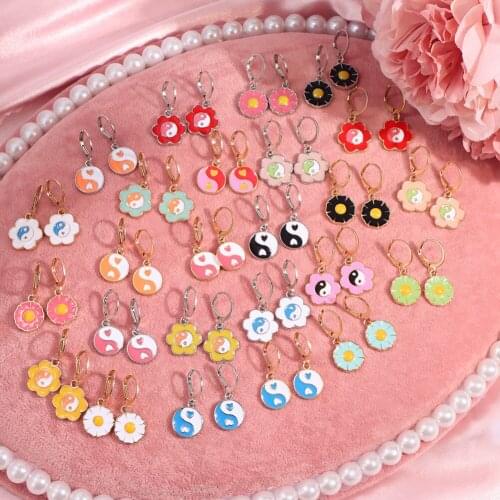 Korean Cute Multicolor Glazed Small Daisy Flower Pendants Drop Ear Rings Metal Enamel Bagua Earring Creative Geometric Jewelry