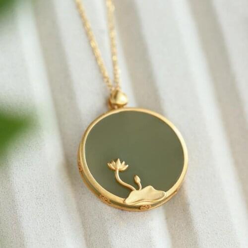 Natural Hetian Gray Jade round Plate Pendant Womens Simple Exquisite Clavicle Chain Lotus Elegance Retro Elegant Sterling Silv