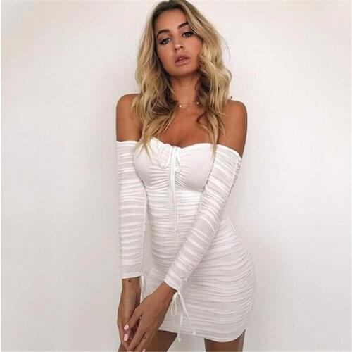 Fashion Party Sexy Dress Women Strapless Autumn Spring Long Sleeve Pencil Dress Solid Pleating Bandage Skinny Dresses Vestidos