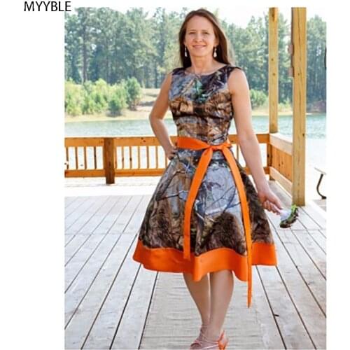 MYYBLE Custom Made Knee Length Camo Bridesmaid Dresses Camouflage Wedding Party Gowns 2016 Orange Satin Special Occasion Dress