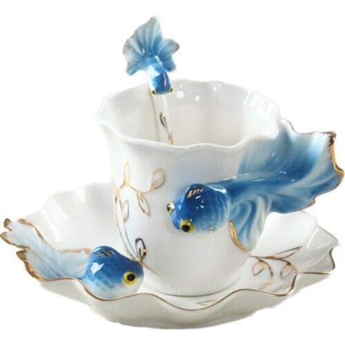 Enamel Porcelain Cup & Saucer Set Art Ceramic Tea Coffee Cup Fish Porcelain Tea Set with Spoon for Breakfast Home Kitchen