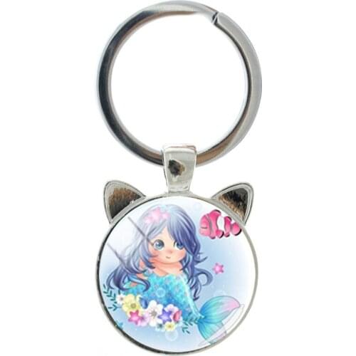 NEW Cute Mermaid Cartoon Pattern Cute Novelty Handmade Silver-plated Cat Ear Keychain Men And Women Accessories
