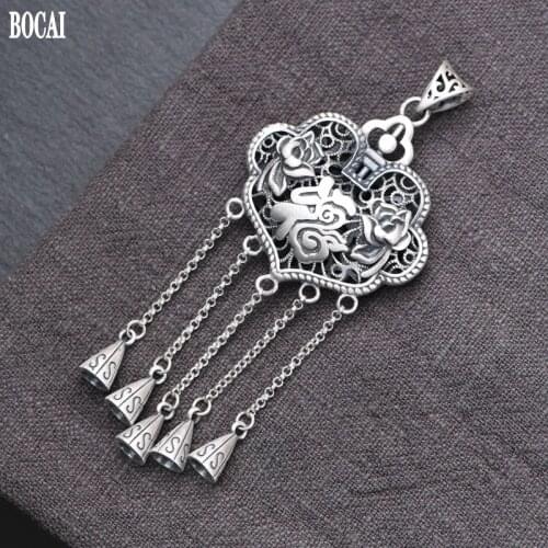 BOCAI New real pure S925 silver jewelry retro fashion "good luck" long fringed lotus artistic temperament, woman wishful pendant