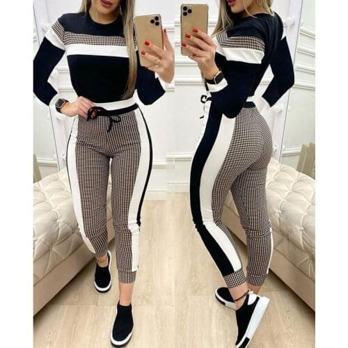 2021 Autumn Womens Casual Two Piece Set Plaid Striped Long Sleeve T shirt Tops Drawstring Pants Set Ladies Sport Basic Clothing