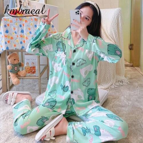 Pajamas for Women Autumn Spring Cotton Two Pieces Pyjama Sets Sleepwear Nightwear Girl Cartoon Loose Thin Homewear Plus Size 2xl
