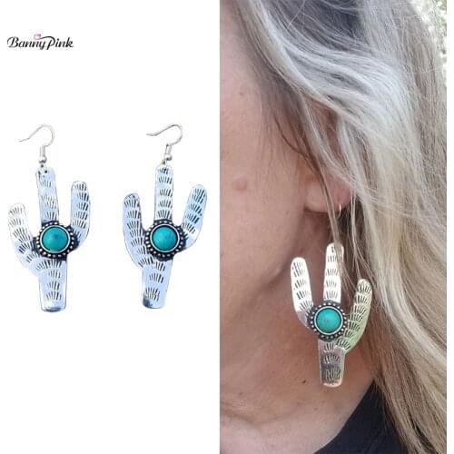 Banny Pink Retro cactus pendant Jewelry Ethnic Turquoises Earrings For Women Vintage Stone Statement Earring Brincos