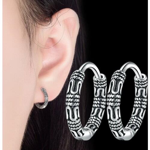 Unique Pattern Earrings for Mens Womens Vintage Silver Color Simple Round Circle Hoop Earrings Korea New