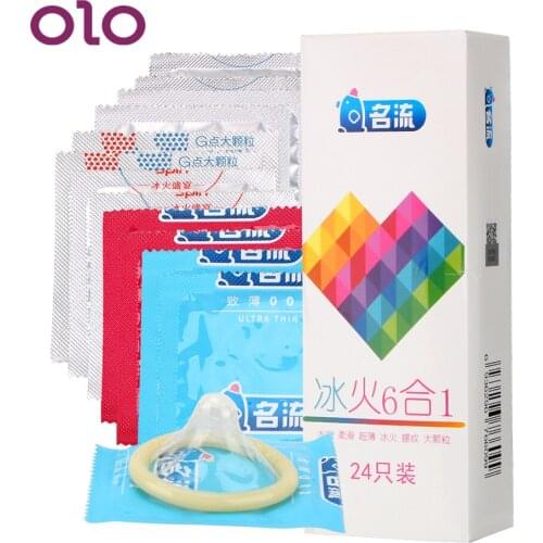 OLO 24 Pieces/Box Condoms Ultra-Thin Thread Particle Condoms Smooth Warming Ice Fire Touch Natural Latex High Quality