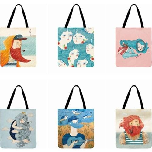 Mediterranean Art Painting Print Tote Bag For Women Casual Tote Ladies Shoulder Bag Foldable Shopping Bag Outdoor Beach Bag