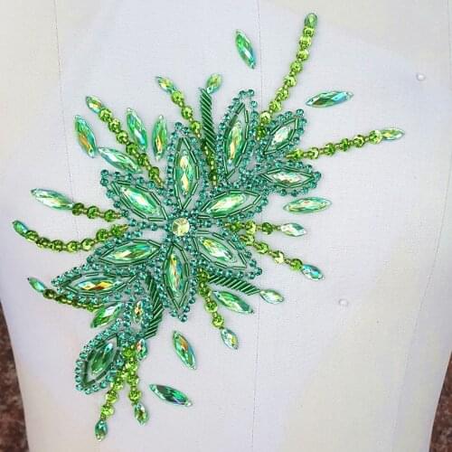 Unique Hand Beaded Green Crystal Patches Sew-on Rhinestones Applique Wedding Dress Sewing Accessories Belt 16x28cm