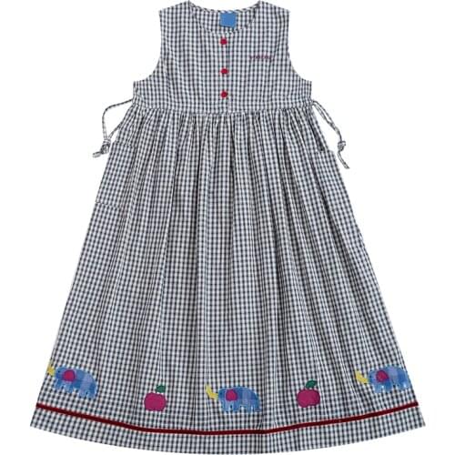 Spring Summer New Women Dress Sleeveless O Neck Plaid Printed Cartoon Embroidery Knee-length Cotton Loose Dresses
