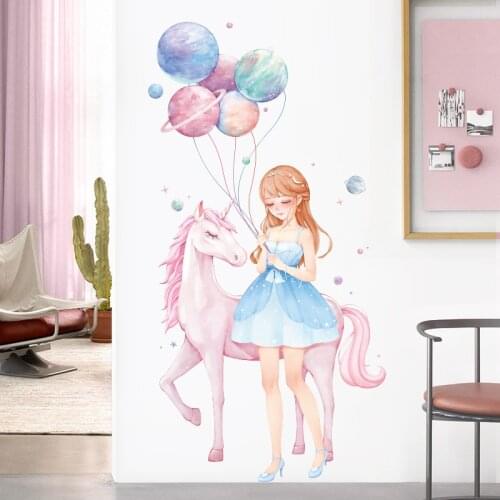 Princess Balloon Starry Girl Unicorn Wall Stickers for Girls Room Door Wall Decor Vinyl Wall Decals Art Murals Nursery Decor