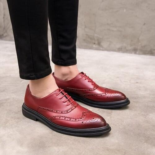 Yomior New Fashion Split Leather Men Casual Shoes Formal Dress Loafers Lace-Up Party Business Wedding Red Brogue Shoes Oxfords