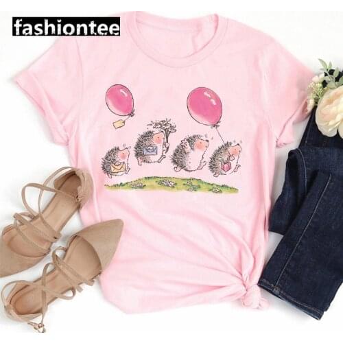 New T-shirt Female Hedgehog and Balloon Print Graphic Pink Tshirt Loose Spring Summer Tee Shirt Round Neck Short Sleeve T-shirts