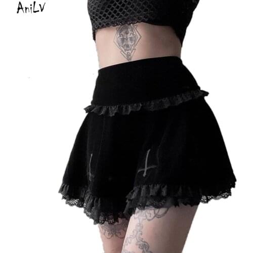 AniLV Medieval Gothic Black Lace Cross Skirt Costume Halloween Women Horror Vampire Demon Skirt SCA LARP Cosplay