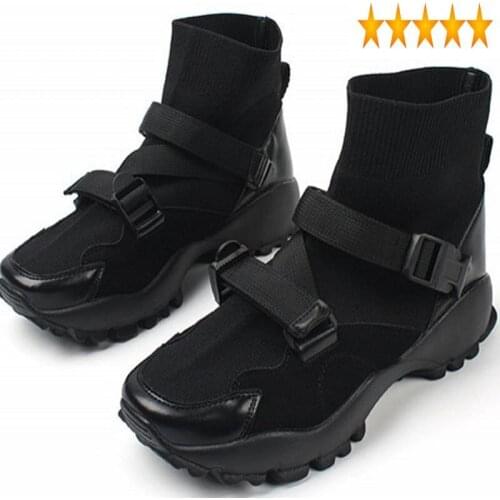 Bottom Thick Stretch Increase Knitting Womens Ankle Spring Autumn New Buckle Round Toe Female Casual Platform Boots