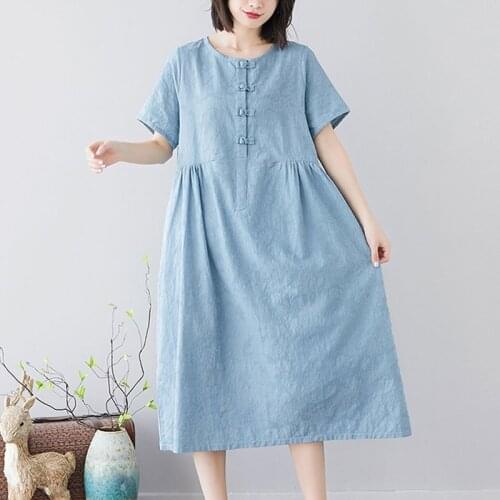 Women Cotton Linen Casual Dress New Arrival 2021 Summer Simple Style Vintage O-neck Loose Comfortable Female Long Dresses S3059