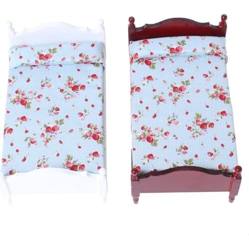 1/12 Mini Wooden Single Bed With Floral Mattress Pillow Dollhouse Miniature Life Scenes Ornament Kids Pretend Play Toys