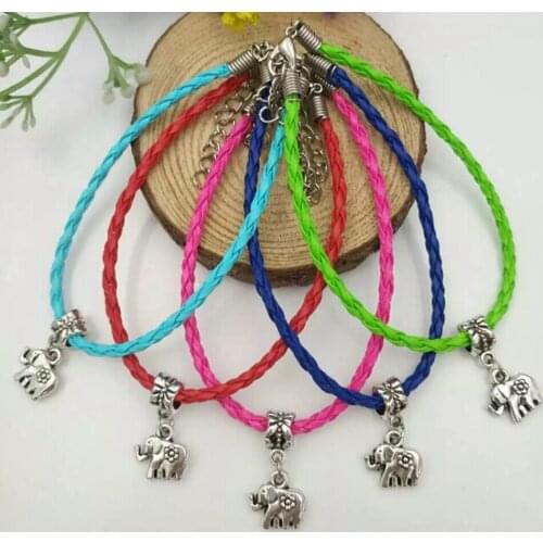 20 Pcs / Lot Fast delivery Cute little elephant Dangle Bead Pendant Leather Braided Rope Bracelets& Bangles Womens Jewelry