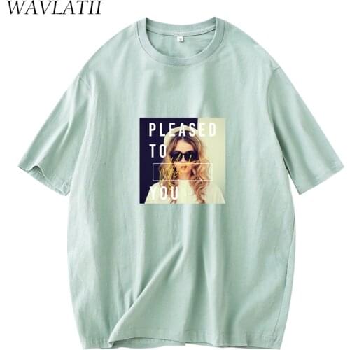 WAVLATII 2021 New Lady Fashion Cotton Light Green T-shirts Tops Women Summer Short Sleeve Printed Tees WT2146