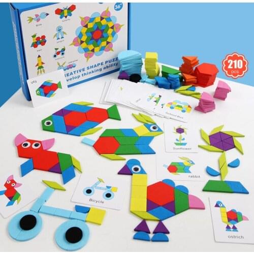 210pcs Wooden 3D Jigsaw Puzzle Clever Board Baby Montessori Educational Learning Toys for Children Geometric Shape Puzzles Toy