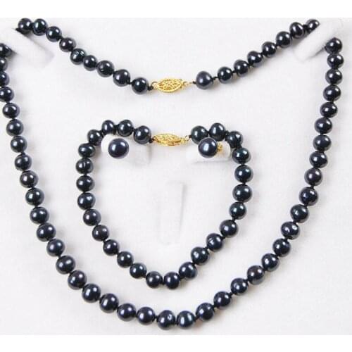 8-9MM Black Genuine Natural Freshwater Cultured Pearl Necklace Bracelet Earring Set