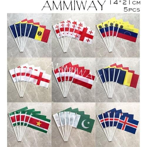 AMMIWAY 14x21cm 5pcs Moldova Georgia Venezuela England Small Hand Flag Austria Romania Surinam Pakistan Iceland National Flags