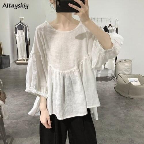 Blouse Women Summer Lantern Sleeve Loose Retro Folds Solid Simple Elegant O-neck Cozy All-match Leisure Office Female Four Color