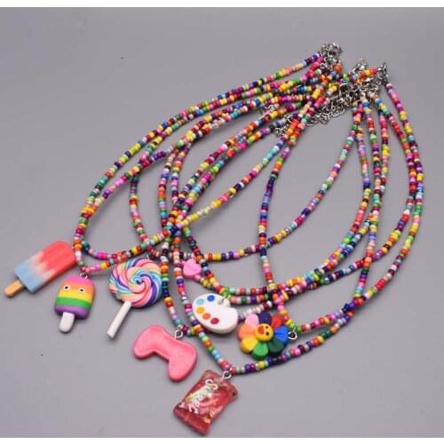 Bohemia choker necklace Polymer clay Pendants necklace Colorful Rice Beaded Charm Statement Short Choker Necklace for Women