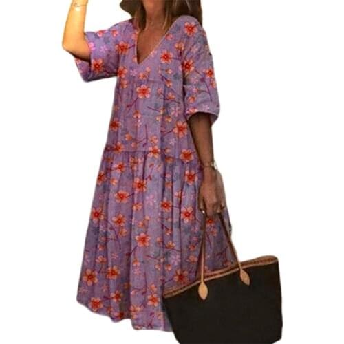 Boho Women V Neck Half Sleeve Floral Print Large Hem Beach Party Midi Dress summer dresses elegant elegancka sukienka damska
