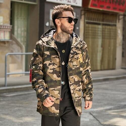 F1550 Plus Size Xl-6Xl Men Mid-Length Hooded Windbreaker Autumn Winter Camouflage Print Outdoor High Quality Durable Trench Coat