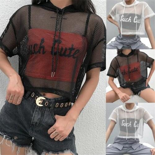 Short Sleeve T Shirt Women Mesh Top Hooded Hollow Out Sexy Punk Rock Short Crop Top White T-Shirt Fishnet Black