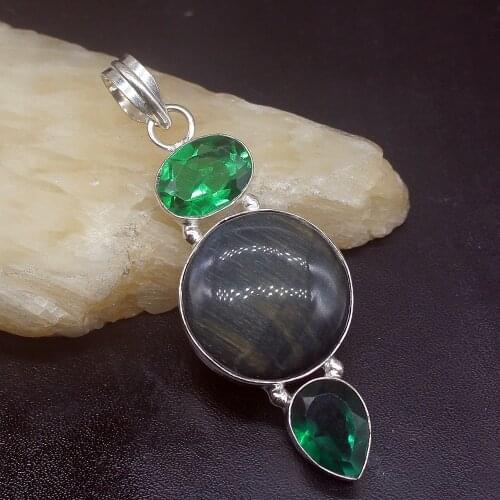 Gemstonefactory Jewelry Big Promotion 925 Silver Natural Black Hematite Green Topaz Women Ladies Gifts Necklace Pendant 0756
