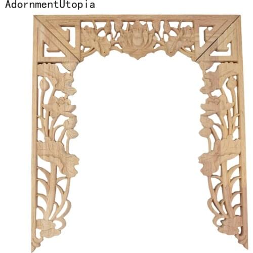 1Set Chinese Lotus Floral Wood Carved Corner Applique Wooden Carving Decal Furniture Decor Crafts