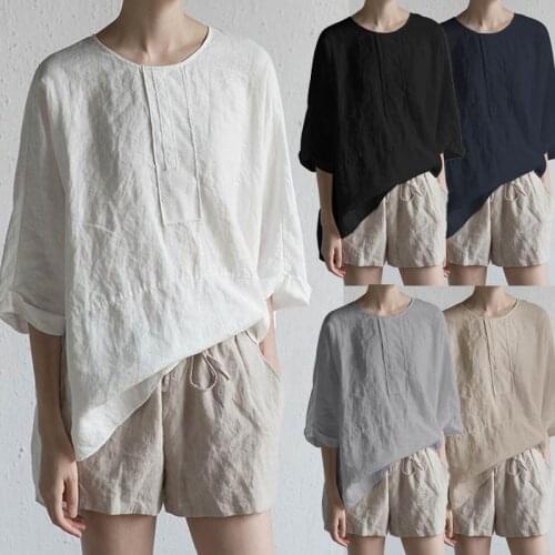 2021hot sale Japanese t-shirt round neck cotton linen rear fork Half sleeve casual loose pullover T-shirt